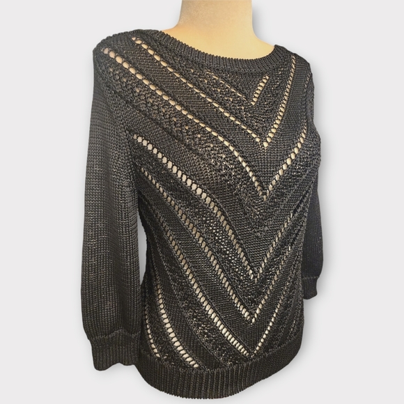 WHBM WHITE HOUSE BLACK MARKET Chunky Open-Knit Pullover Sweater, Large, Black - Picture 5 of 11